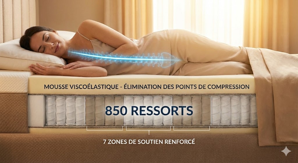 Coupe technique montrant l'alliance des 850 ressorts et de la mousse viscoélastique pour un soutien 7 zones.